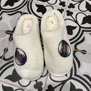 aerie Cream Sherpa Slip-On Slippers with Plaid Patch